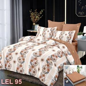 Lenjerie de pat, 2 persoane, finet, 6 piese, cu elastic, crem si maro, cu flori si linii LEL95