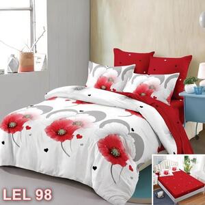 Lenjerie de pat, 2 persoane, finet, 6 piese, cu elastic, rosu si alb, cu flori rosii LEL98