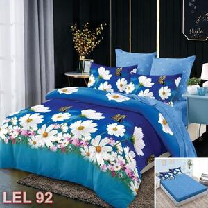 Lenjerie de pat, 2 persoane, finet, 6 piese, cu elastic, albastru , cu flori albe LEL92