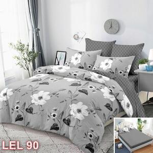 Lenjerie de pat, 2 persoane, finet, 6 piese, cu elastic, gri , cu flori albe LEL90