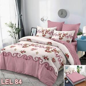 Lenjerie de pat, 2 persoane, finet, 6 piese, cu elastic, roz si bej, cu flori LEL84