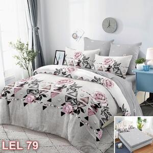 Lenjerie de pat, 2 persoane, finet, 6 piese, cu elastic, gri , cu trandafiri roz LEL79