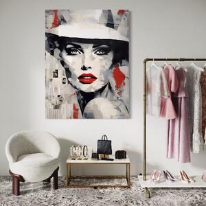 Tablou Canvas Premium LuxCanva® A1532, Madame , Room, Buze Rosii, Palarie, Frumusete, Living, Culori Vibrante