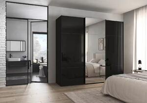 Dressing 242 cm lungime, 3 uși glisante, oglindă pe mijloc, fronturile sticlă neagră, compartimentare premium, 223 cm înălțime