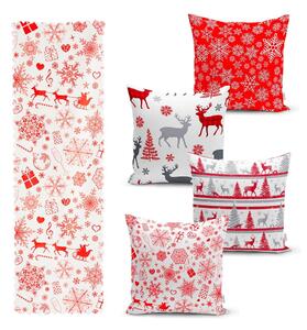 Set 4 fețe de pernă și un napron de masă cu model de Crăciun Minimalist Cushion Covers Red Snowflake