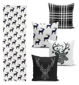 Set 4 fețe de pernă și un napron de masă cu model de Crăciun Minimalist Cushion Covers Reindeer and Stars