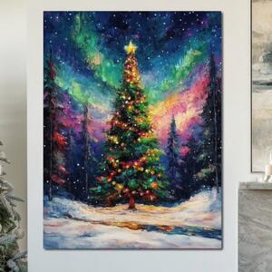 Tablou Canvas Premium LuxCanva® D1052, Aurora Boreala si Magia Bradului , Aurora, Craciun, Luminite, Padure, Instalatie, Living, Culori vibrante