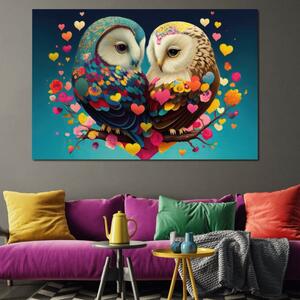 Tablou Canvas Premium LuxCanva® E1022, Bufnitele Iubirii , Bufnite, Conexiune, Iubire, Armonie, Inimi, Living Room, Culori vibrante