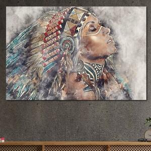 Tablou Canvas Premium LuxCanva® G1006, Suflet de Razboinica , Forta, Curaj, Tribal, Misticism, Pene, Salbatica, Femeie, Living, Dormitor, Culori vibrante