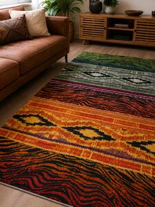 Covor Sufragerie Dormitor, Model Ethnic 11330 130, Verde Portocaliu Multicolor, Dreptunghi, 67x130