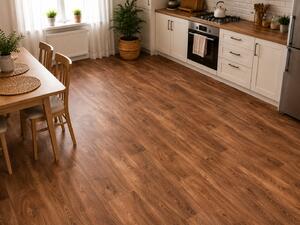 Covorul PVC linoleum Country Dark Confort, Latimi 1 m, 1.5 m, 2 m si 2,5 m, Maro inchis Imitatie parchet, Suport Pasla 1 x 4 m
