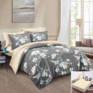 Lenjerie de pat, 2 persoane, bumbac satinat, 4 piese, cu elastic, gri si crem, cu flori albe, LS425