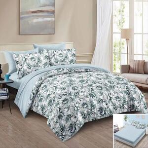 Lenjerie de pat, 2 persoane, bumbac satinat, 4 piese, cu elastic, alb si verde, cu flori verzi, LS424