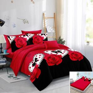 Lenjerie de pat, 2 persoane, bumbac satinat, 4 piese, cu elastic, rosu si negru, cu inimi si trandafiri, LS417