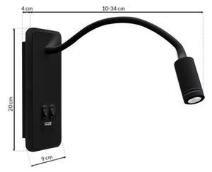 Lampă LED de perete flexibilă cu USB BASE LED/8W+LED/2W/230V, neagră