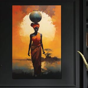 Tablou Canvas Premium LuxCanva® G1064, Sub Soarele Africii , Gratie, Forta, Drum, Apus, Silueta, Putere, Femeie, Portocaliu, Living, Dormitor