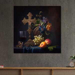 Tablou Canvas Premium LuxCanva® H1030 Natura Statica Sacra , Simboluri, Cruce, Rod, Pamant, Fructe, Vin, Sacru, Lumina, Umbra, Living, Dormitor