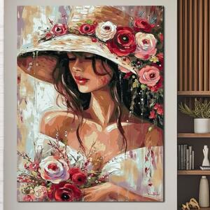 Tablou Canvas Premium LuxCanva® GV1050, Tandretea Florilor, Eleganta, Palarie, Flori, Arta, Romantism, Portret, Natura, Artistic, Vara, Living, Dormitor