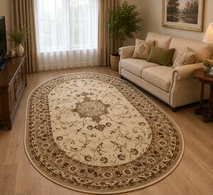 Covor Clasic Sufragerie, Model Lotos 523 100, Bej Crem, Oval Oval, 80x150