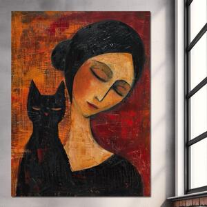Tablou Canvas Premium, LuxCanva® G1105, Pisica si Muza, Pisica, Femeie, Umbra, Tacere, Ganduri, Boem, Taina, Emotie, Liniste, Iubire, Living, Dormitor