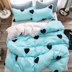 Lenjerie de pat, 2 persoane, finet, 6 piese, albastru si alb, cu inimioare negre, LFN255