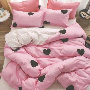 Lenjerie de pat, 2 persoane, finet, 6 piese, roz si alb, cu inimioare negre, LFN254