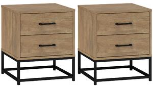 HOMCOM Set de 2 Noptiere cu 2 Sertare din Lemn și Oțel, 40x39.5x48 cm, Lemn Natural | Aosom Romania