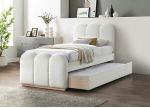 Pat MACARENA 90x200, crem, stofa boucle/lemn, cu somiera