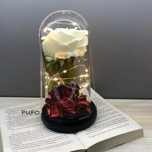 Trandafir in cupola de sticla Pufo Sparkle Rose, decorat cu lumini LED, 21 cm, alb