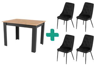 Set de sufragerie 1+4, masa neagra cu decor stejar auriu MADO 120x80cm si scaun de sufragerie din catifea neagra IMOLA