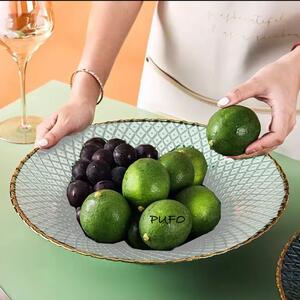 Tava decorativa eleganta Pufo Gold tip fructiera pentru servire aperitive, prajituri, deserturi, fructe, 26 cm