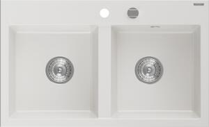 Mexen Hektor chiuvetă de bucătărie din granit cu 2 compartimente 800 x 480 mm, albă, sifon crom - 6521802000-20