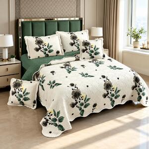 Cuvertura de pat bumbac, 5 piese, model floral crem cu verde, 230x250 cm, CB547