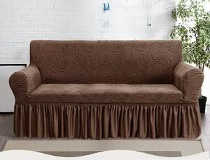 Husa elastica pentru canapea 3 locuri, cu volanas, model Jacquard, Maro in dungi