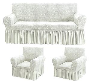 Set huse elastice pentru canapea 3 Locuri si 2 fotolii, cu volanas, model Jacquard Alb in dungi