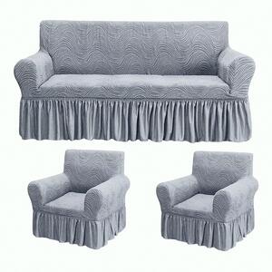 Set huse elastice pentru canapea 3 Locuri si 2 fotolii, cu volanas, model Jacquard Gri in dungi