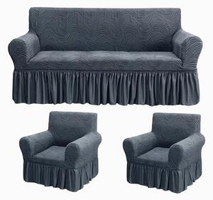 Set huse elastice pentru canapea 3 Locuri si 2 fotolii, cu volanas, model Jacquard Cenusiu in dungi