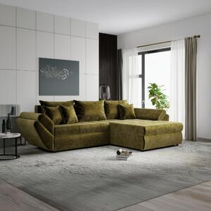 Colțar extensibil dumonde cu ladă de depozitare si sezut confortabil din spuma high-density, Loana Monolith Verde olive II 270x185 cm