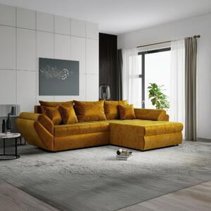 Colțar extensibil dumonde cu ladă de depozitare si sezut confortabil din spuma high-density, Loana Monolith Mustar II 270x185 cm