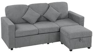 HOMCOM Divan 3 Locuri cu Pouf de Depozitare din Velur cu Nervuri 196x139x85 cm, Gri | Aosom Romania