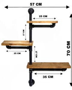 Raft cu 3 polite stil industrial din lemn-metal Homs 70 X 12 X 57 cm