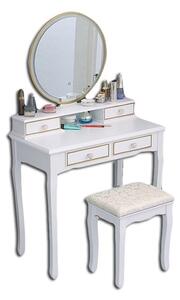 Set Olivia, Masă de toaletă pentru machiaj cu oglindă iluminată LED, 4 sertare, scaun, Alb