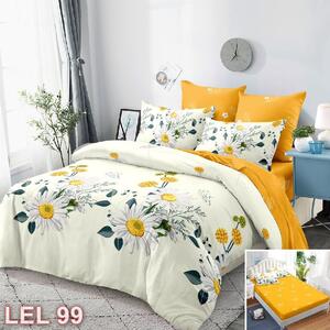Lenjerie de pat, 2 persoane, finet, 6 piese, cu elastic, crem si galben, cu flori albe LEL99