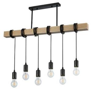 Lustra aplicata suspendata, 6 pendule, soclu E27, maxim 35W, lemn stejar si otel, 80x10x150 cm