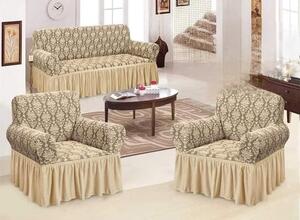 Set huse elastice pentru canapea 3 Locuri si 2 fotolii, cu volanas, model Jacquard Bej