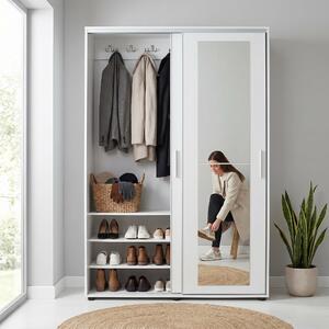Cuier cu pantofar Adore Porto Maxi, 2 usi cu oglinda, 12 rafturi, capacitate 32 perechi incaltaminte, Alb - Natur, 120x187x40 cm