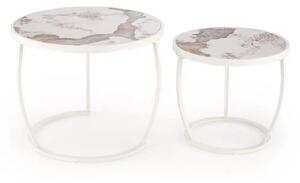 Set 2 masute cafea INES, bej cu efect de marmura/alb, ceramica/metal
