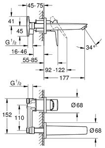 Baterie lavoar Grohe Bauloop, montaj in perete, corp incastrat inclus,crom,proiectie 17 cm, model 20