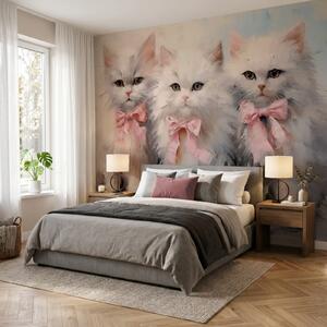 Fototapet Grup de pisici albe cu fundițe roz, Fototapet animale, Fototapet populare, t00699 - Tapeko.ro