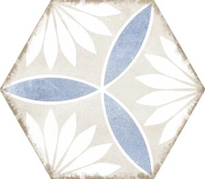 Gresie hexagonală porțelanată glazurată rectificată alb/albastru 21,5x25 cm